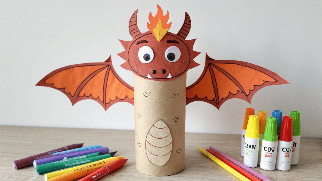 664baf5f8f204909a5de1a029b650b5d simply paper crafts Toilet paper roll dragon puppet with googly eyes on a table