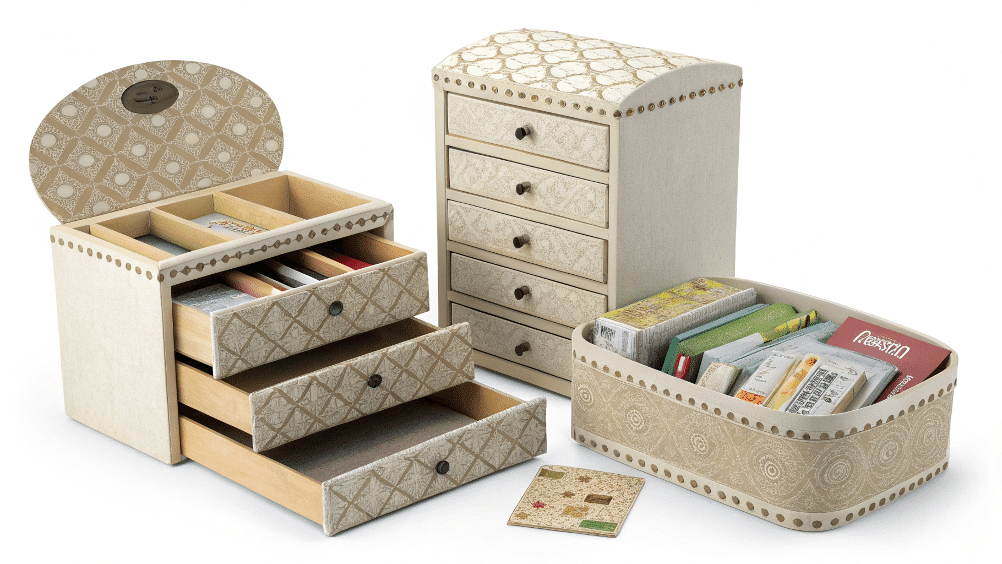 6e7136f8840b4db88404e8577a9199cc simply paper crafts A photo of a set of wooden storage containers with a light elegant color palette The containers have a design with a subtle ornamental pattern and are crafted from paper mache