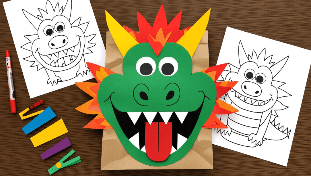 76b7083acb7a405799f022faea466f97 simply paper crafts Paper bag dragon puppet on a brown table