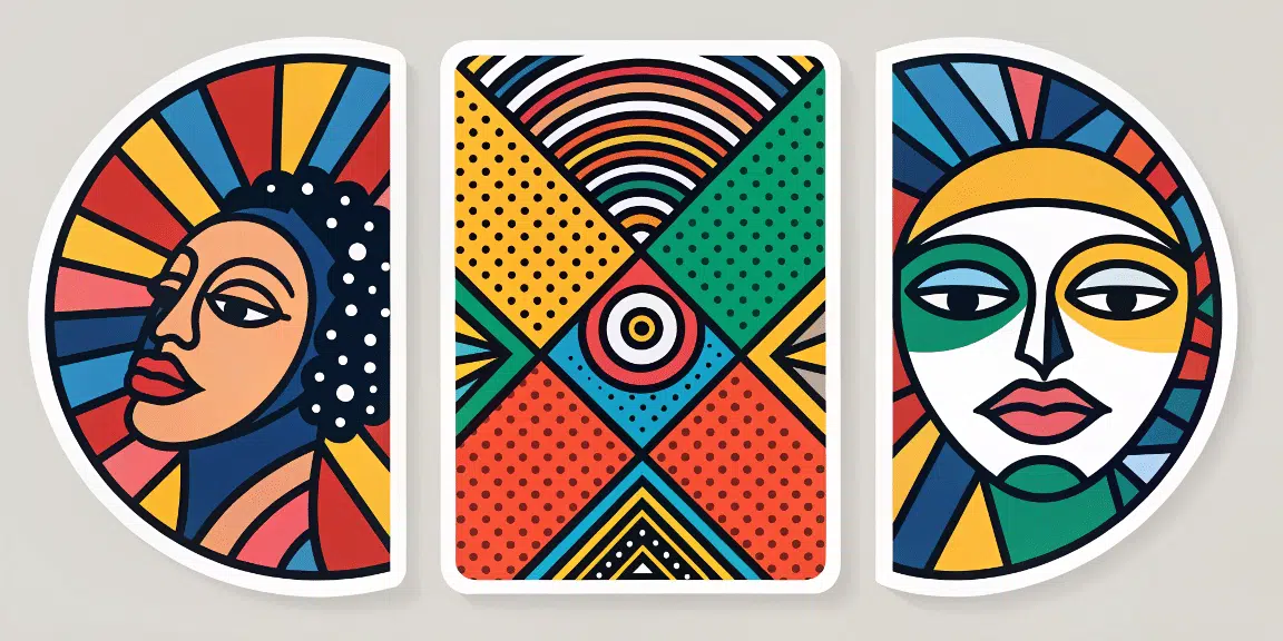 A series of three colorful artworks with a collage like aesthetic featuring a variety of geometric shapes and patterns 