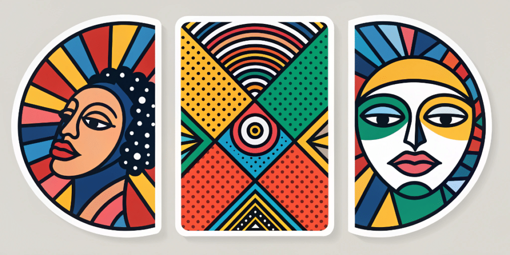 817b471c 6cdb 4f4d a434 8e20e9d3765e simply paper crafts A series of three colorful artworks with a collage like aesthetic featuring a variety of geometric shapes and patterns