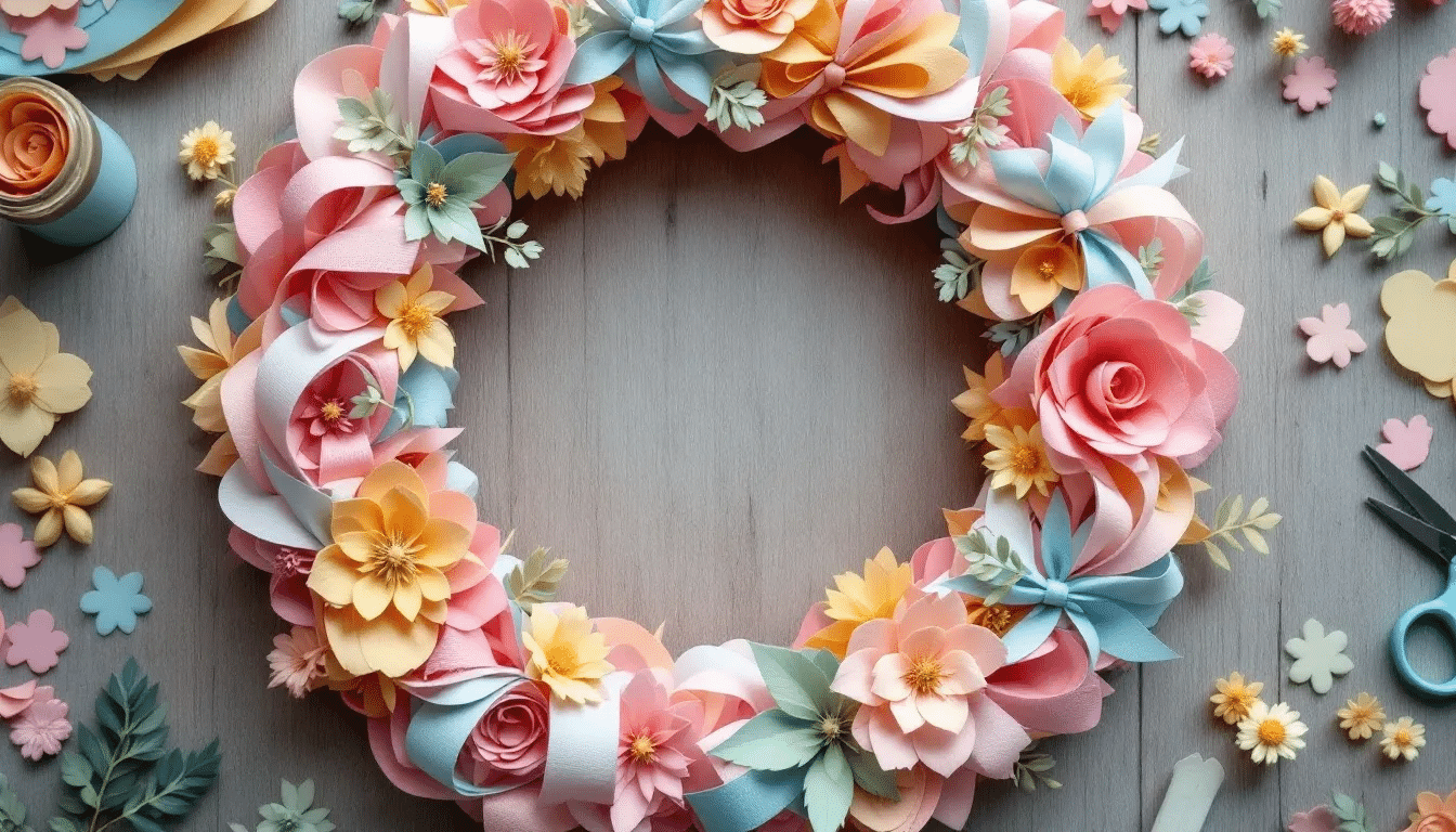 88cba018ff9c4f248f88f03d7d2b85a4 simply paper crafts A colorful paper wreath made from patterned paper and paper flowers is displayed showcasing a variety of shapes and textures perfect for creative crafting This fun paper craft can be hung on a front door or wall adding a cheerful touch to any space
