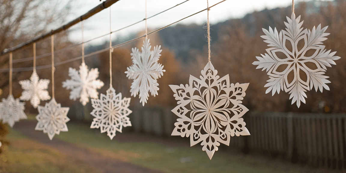9f6e4b5906e8470f89d3204175263b8a simply paper crafts A photo of a series of intricately designed white paper snowflakes hanging from a wire line