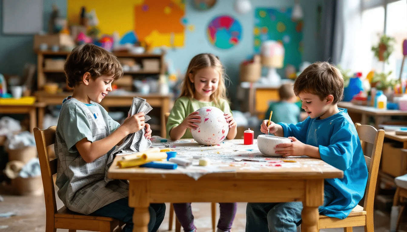 Abcdf1a4b29449a0a2cf9ca66f472b6b simply paper crafts The image depicts children engaged in a fun paper mache craft activity using strips of newspaper and a glue mixture to create colorful decorative objects Various shapes including sculptures and masks are scattered around showcasing the creative process of making art with papier mâché