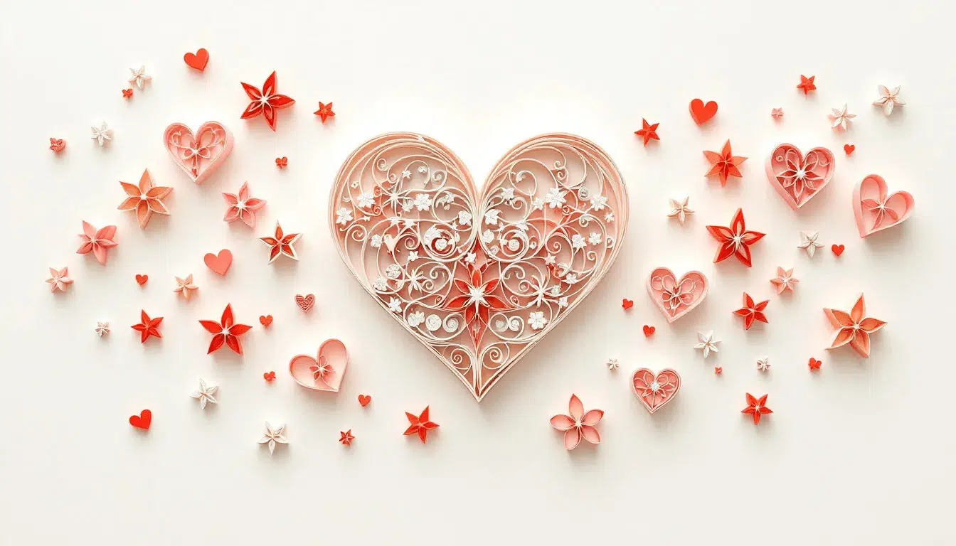 In this image various paper quilling shapes are displayed showcasing beautifully crafted hearts and stars made from colorful quilling paper strips The hearts are formed by bending teardrop shapes while the stars feature defined points created from adjusted pentagons illustrating the creativity and detail involved in quilling art