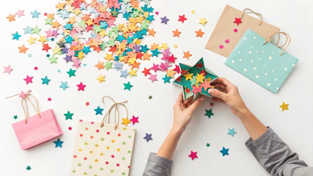 Confetti stars in gift bags on a white background