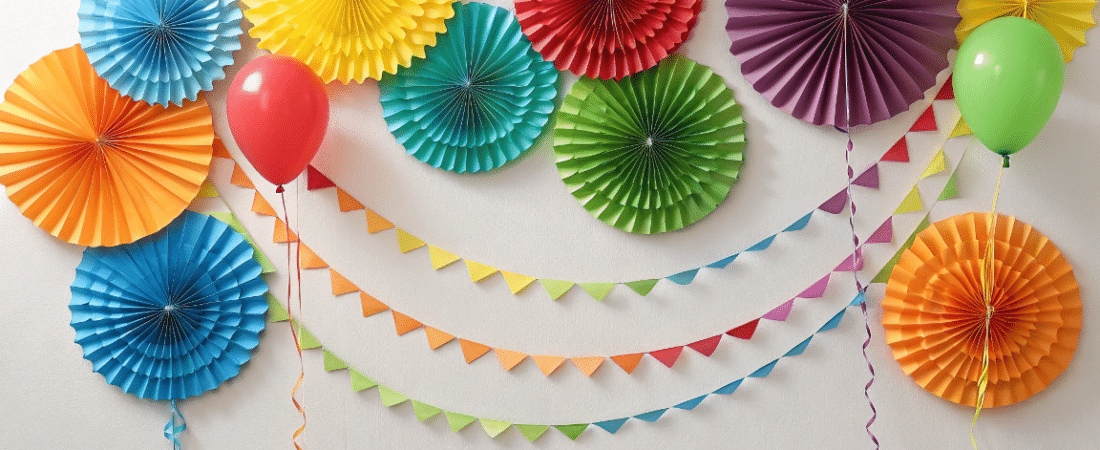 Birthday decorations paper simply paper crafts A photo of a festive party decoration setup with a variety of colorful paper crafts and balloons