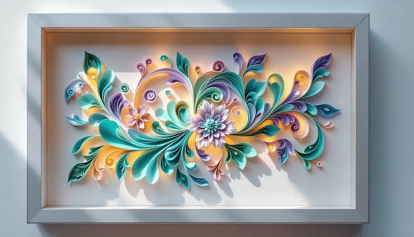 Framed quilling art showcases intricate designs made from colorful quilling paper featuring various shapes like teardrops and triangles that create a three dimensional effect The piece is displayed in a shadowbox frame enhancing its elegance and allowing the details to shine in any room's decor.