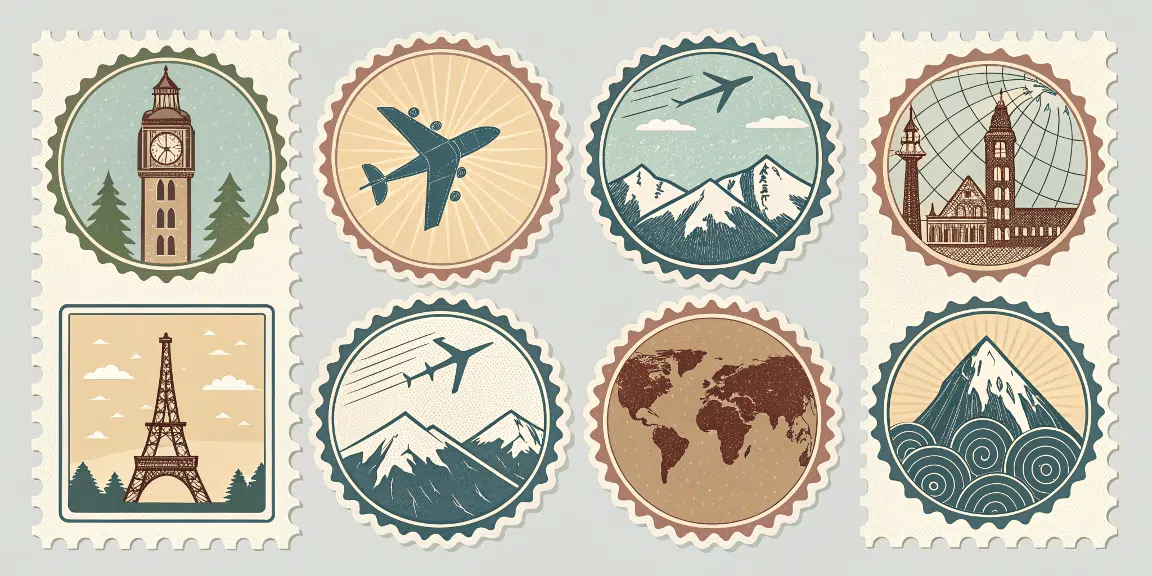 A collection of postage stamp inspired stickers featuring various iconic landmarks and travel themes 