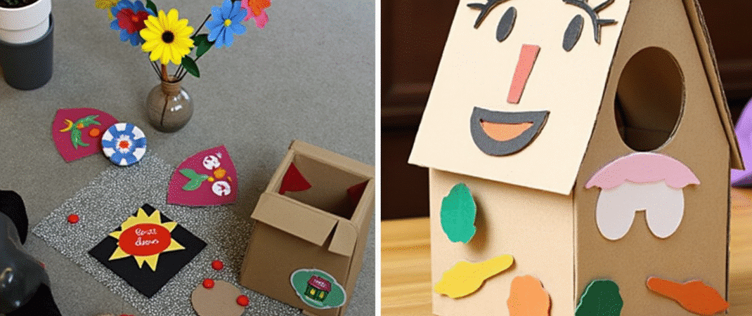 A collage of a craft project featuring a cardboard structure with a cute face design The structure is made of brown cardboard and is adorned with various craft materials including colors like shades of brown green orange and a variety of shapes and sizes The collage includes a variety of smaller craft elements such as colorful flowers in a vase and other miscellaneous items The image style is a photograph with a close up view of the craft project