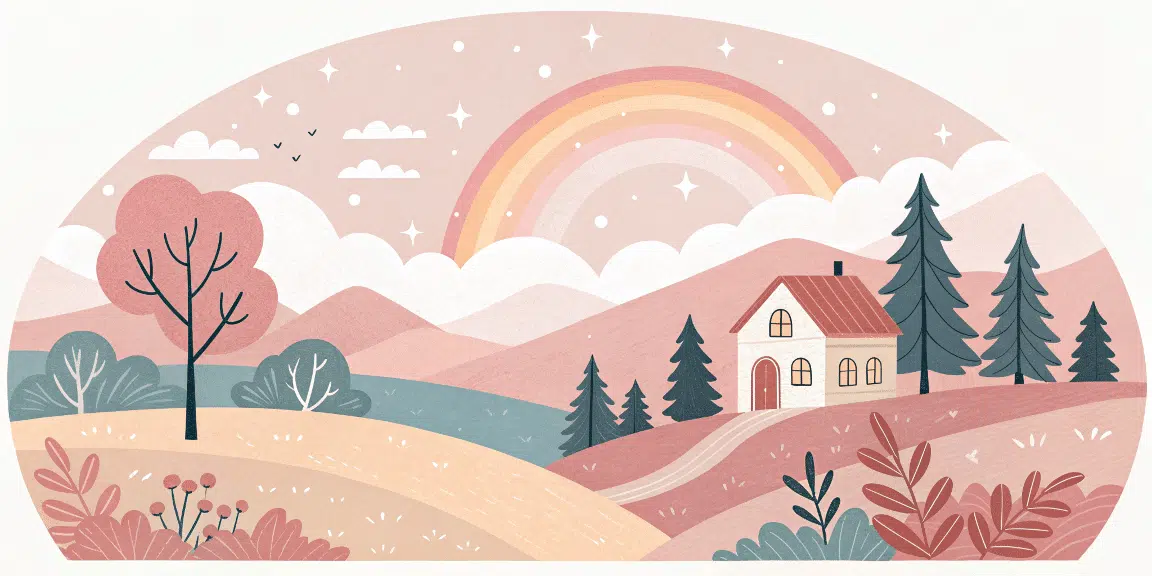 A digital illustration with a soft pastel color palette It features a picturesque landscape with a cottage nestled on a gentle slope in a rural setting