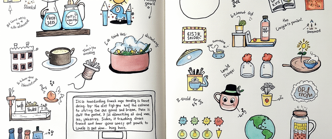 A hand drawn illustration with a sketch like style featuring a variety of objects and a playful cartoonish aesthetic