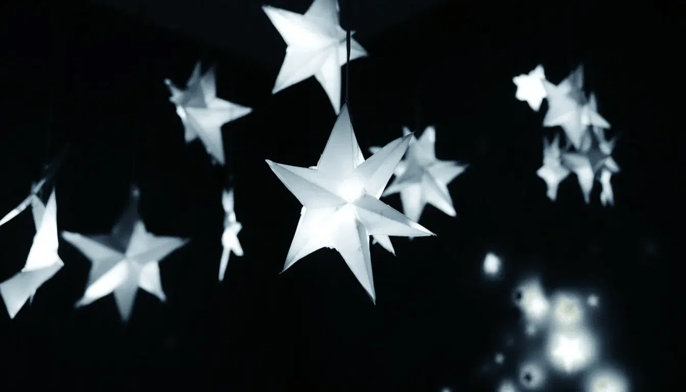 A collection of glow in the dark paper stars made from origami paper is displayed on a table showcasing their folded shapes and vibrant colors These cute stars are a fun way to decorate a room and they can be created using simple instructions with strips of thin paper or construction paper