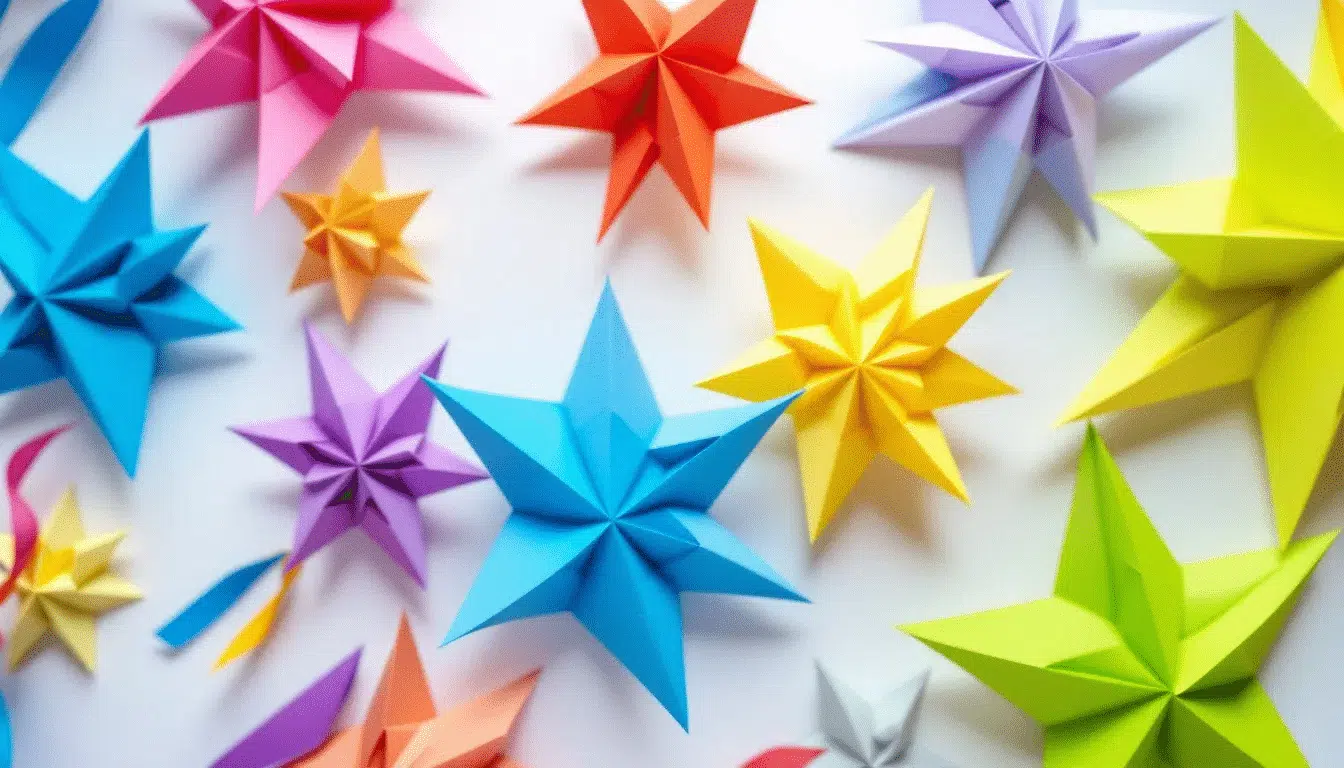A vibrant collection of rainbow origami paper stars made from different colored strips of thin paper is displayed on a table showcasing the fun and creative process of folding and crafting these cute lucky paper stars Each star features pointed tips and a folded design reflecting the joy of art and craft that can be enjoyed by kids and adults alike