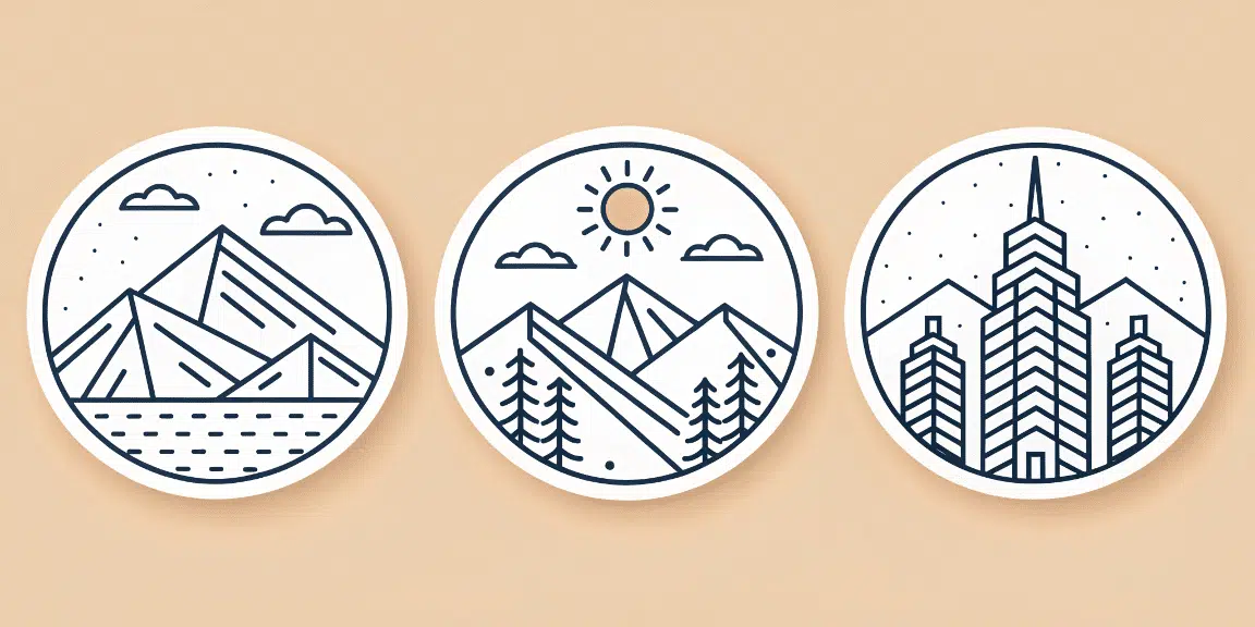 A digital illustration featuring a series of three oval shaped stickers with distinct scenes The first sticker showcases a mountainous landscape with peaks and a body of water 