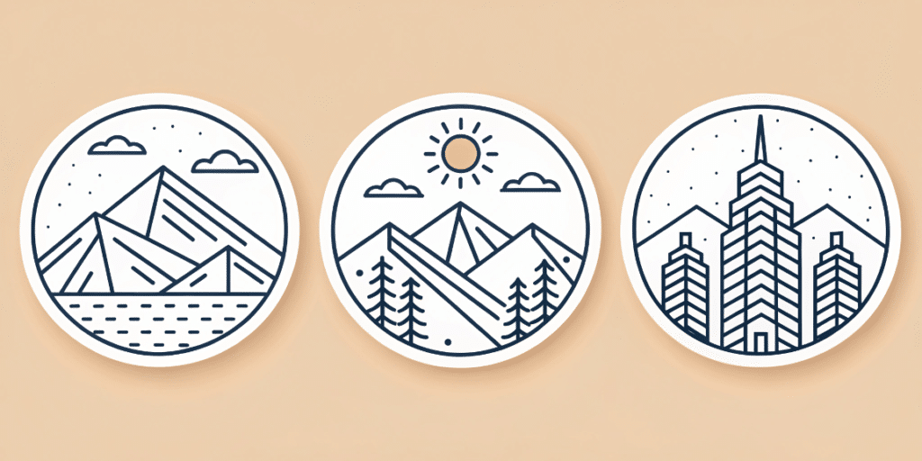 E59d6bc6 7f24 42c7 b94b 725c744fcfb5 simply paper crafts A digital illustration featuring a series of three oval shaped stickers with distinct scenes The first sticker showcases a mountainous landscape with peaks and a body of water