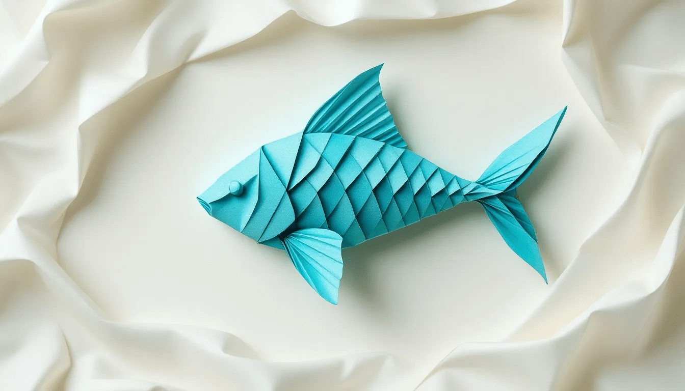 Efa69dacec7b48ad934582ca954571ae simply paper crafts A vibrant photorealistic origami fish made from a square piece of origami paper showcases intricate folds and a colorful design representing a beautiful example of this traditional Japanese art The fish appears to be gracefully swimming highlighting the creativity and skill involved in paper folding and making it an appealing model for origami enthusiasts