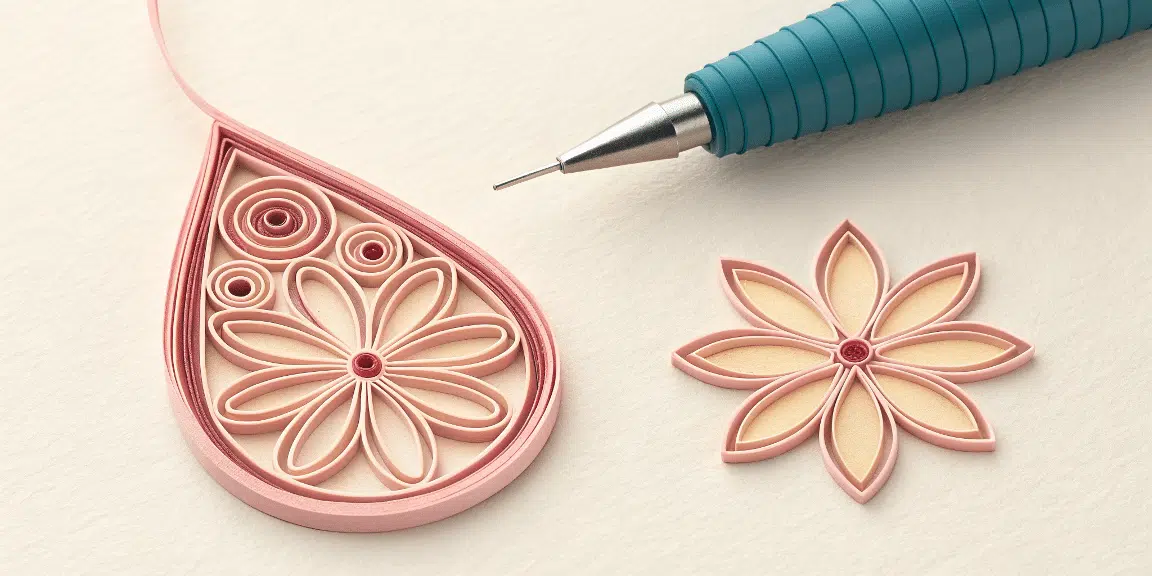 A photo of a close up view of a craft project involving a teardrop shaped design and a smaller standalone flower shaped design The teardrop shaped design is intricately crafted with a floral pattern