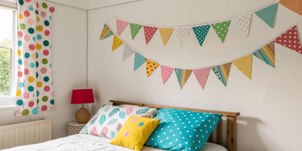 F23ef4d226954f489764eddf02b31056 simply paper crafts A photograph of a bedroom with a festive atmosphere The room features a bed with multiple pillows of varying sizes and designs including a mix of patterns and colors