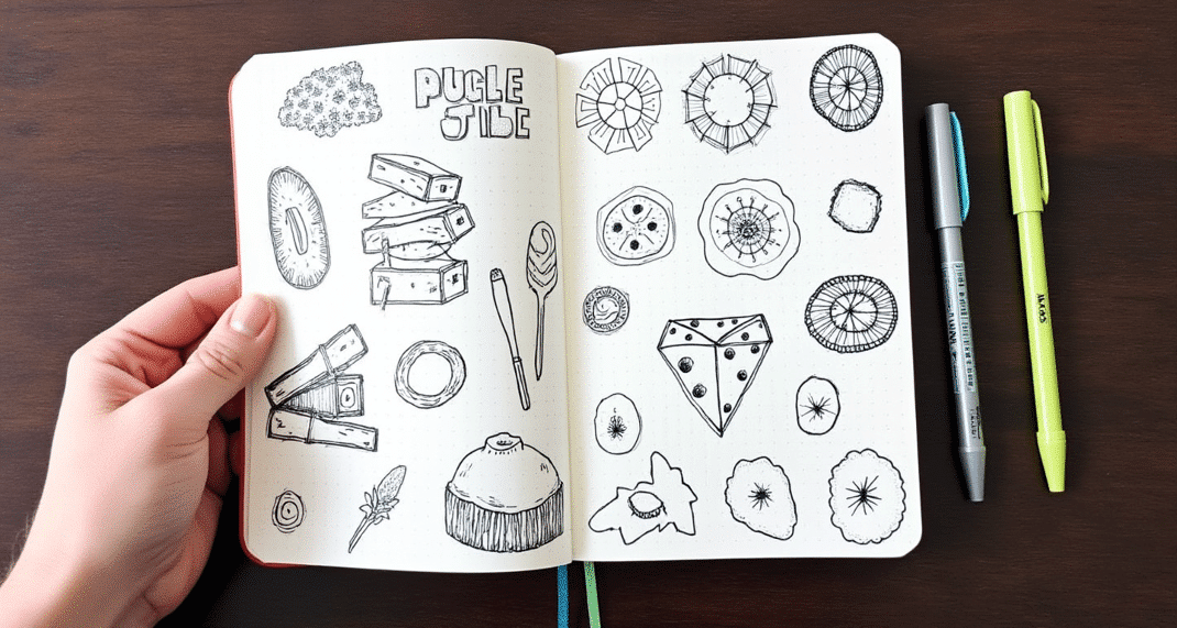 F7146e1392604727be730a9f4ab98658 simply paper crafts A persons hand opening a doodle book with different icons shapes and more