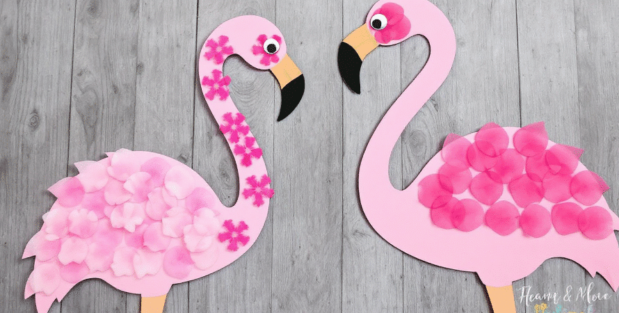 Flamingo craft ideas simply paper crafts A photo featuring two flamingo inspired craft pieces made of paper with a flamboyant design featuring shades of pink and a touch of yellow The craft pieces are designed to resemble the unique plumage and body shape of flamingos