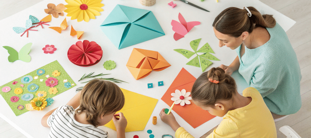 A photo of a creative arts and crafts session with a mother and her children The children are actively engaged with arts and crafts materials on a table The mother is closely supervising and assisting The table is covered with a variety of crafting materials including colored paper scissors pencils and a variety of art tools The image style is a high resolution photograph capturing a candid moment during a creative activity with a focus on the craft materials and the participants