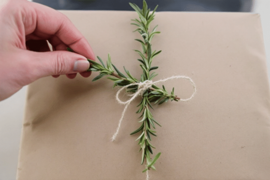 Image simply paper crafts Rosemary sprig on a wrapped present