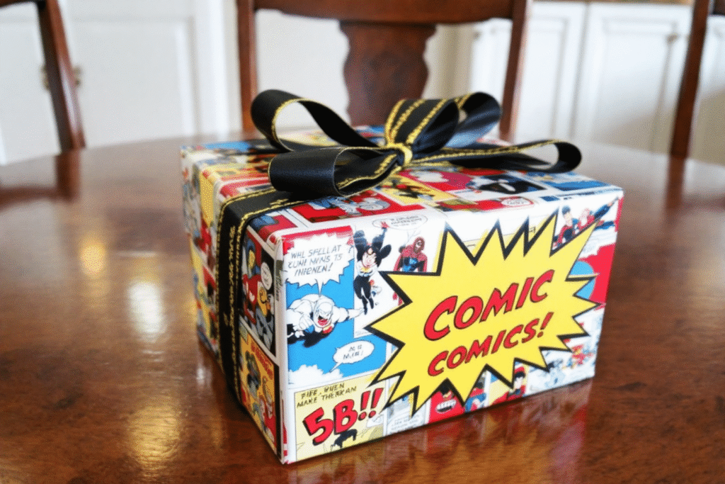 Image simply paper crafts Comic book pages used as a gift wrap