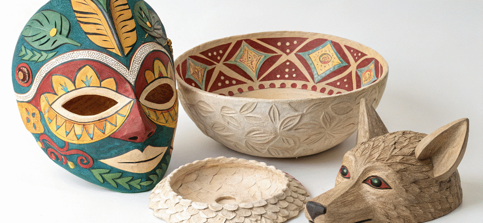 Uses of paper mache simply paper crafts A photo featuring a vibrant paper mache Mexican style mask and sculptures with a rustic aesthetic