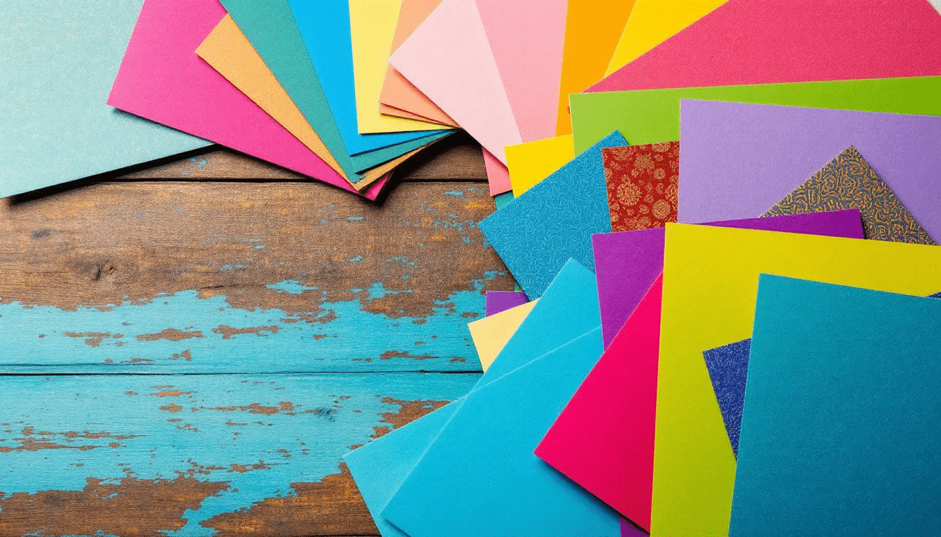 The image features a vibrant assortment of cardstock paper in various colors and textures, showcasing its thicker and more durable quality compared to regular paper. This collection of craft supplies is perfect for creating greeting cards, invitations, and paper flowers, inviting creativity and inspiration for various projects.
