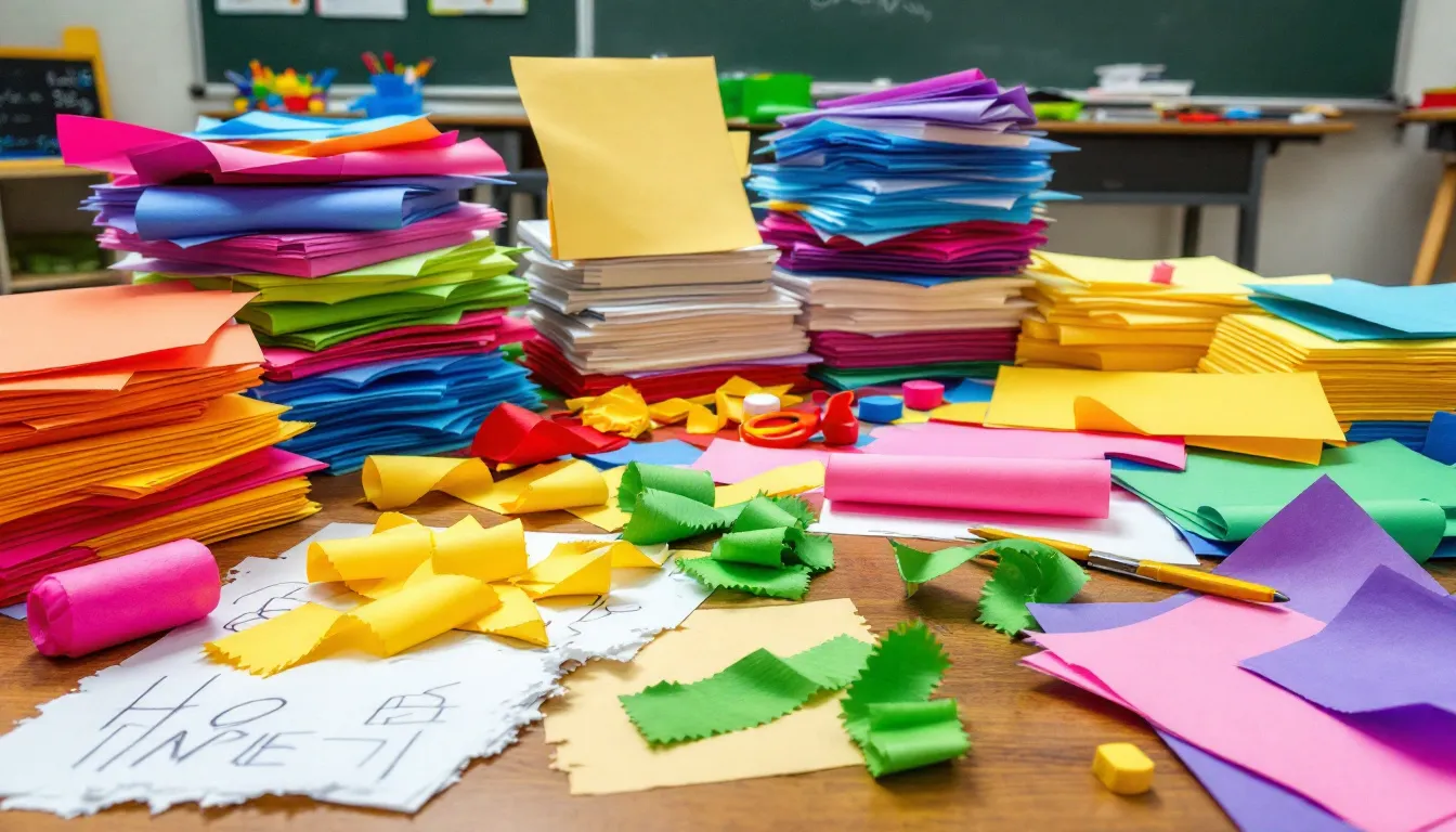 The image features a vibrant assortment of construction paper in various colors, ideal for all types of craft projects. This collection of craft supplies is perfect for kids’ crafts, paper chains, and creative collages, showcasing the fun and versatility of paper craft supplies.