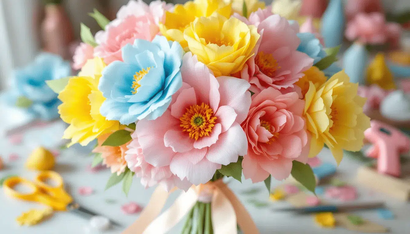 The image showcases a vibrant arrangement of various paper flowers made from high quality Italian crêpe paper highlighting their realistic textures and intricate designs These beautiful floral creations are ideal for home decor and special occasions representing a popular trend in DIY crafts that can be easily sold online
