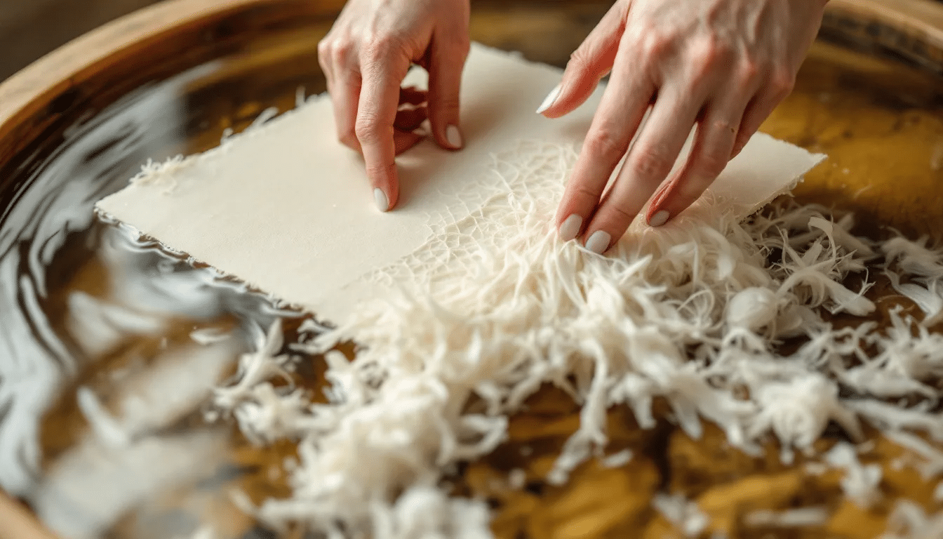 9ac290cab6054a8395f1b25bf604489f simply paper crafts A close up view of a handmade paper sheet being formed