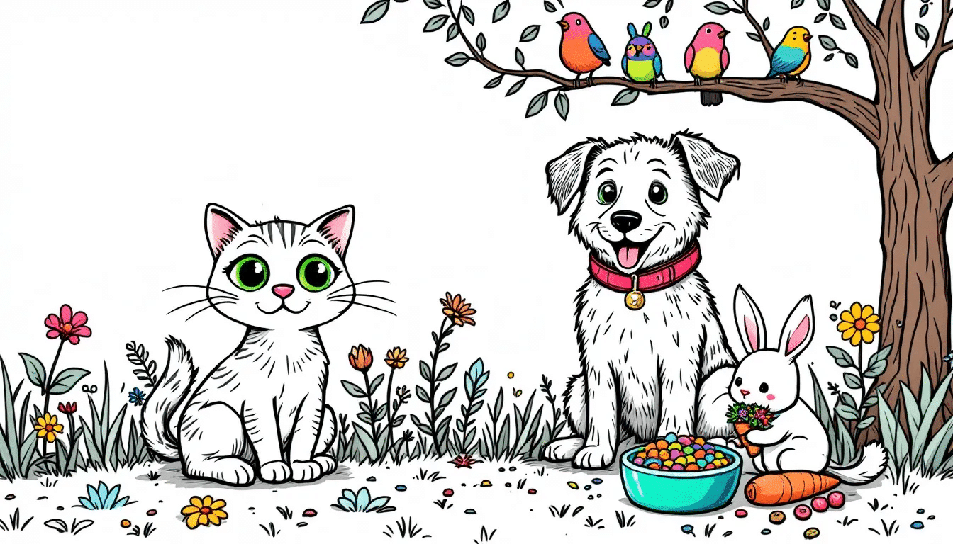 9aec619f42064db4b070fb5c686ddc2f simply paper crafts A black and white coloring sheet featuring a variety of cute pets including a dog cat rabbit and fish designed for kids to enjoy and unleash their creativity This printable coloring page is perfect for keeping children entertained on rainy days and encourages imaginative play