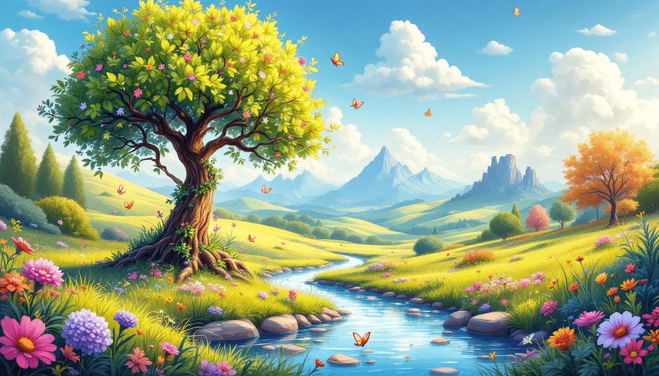 9fecdcf5682e4eebbc3dfbf894e41e51 simply paper crafts A serene nature scene illustrated with various nature inspired drawings