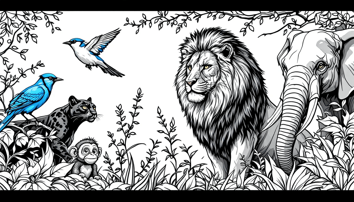 B996d0709fe34e469c5b9579d30dc555 simply paper crafts This black and white coloring sheet features a variety of wildlife including animals and plants designed for free printable coloring pages Perfect for kids and adults alike it encourages creativity and imagination on rainy days