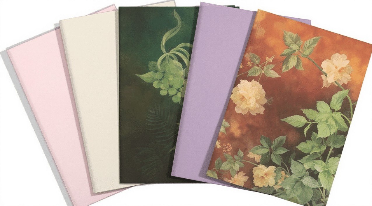 Different designs of vellum paper cards on a grey background.