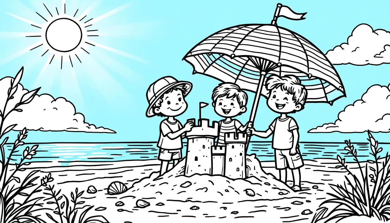 D240479a1b404b6fb7db37437a7ad407 simply paper crafts This black and white coloring page features a lively summer scene with children enjoying beach activities including building sandcastles playing with surfboards and relaxing under umbrellas It offers a fun and creative way for kids to engage their imagination and stay entertained during the summer months