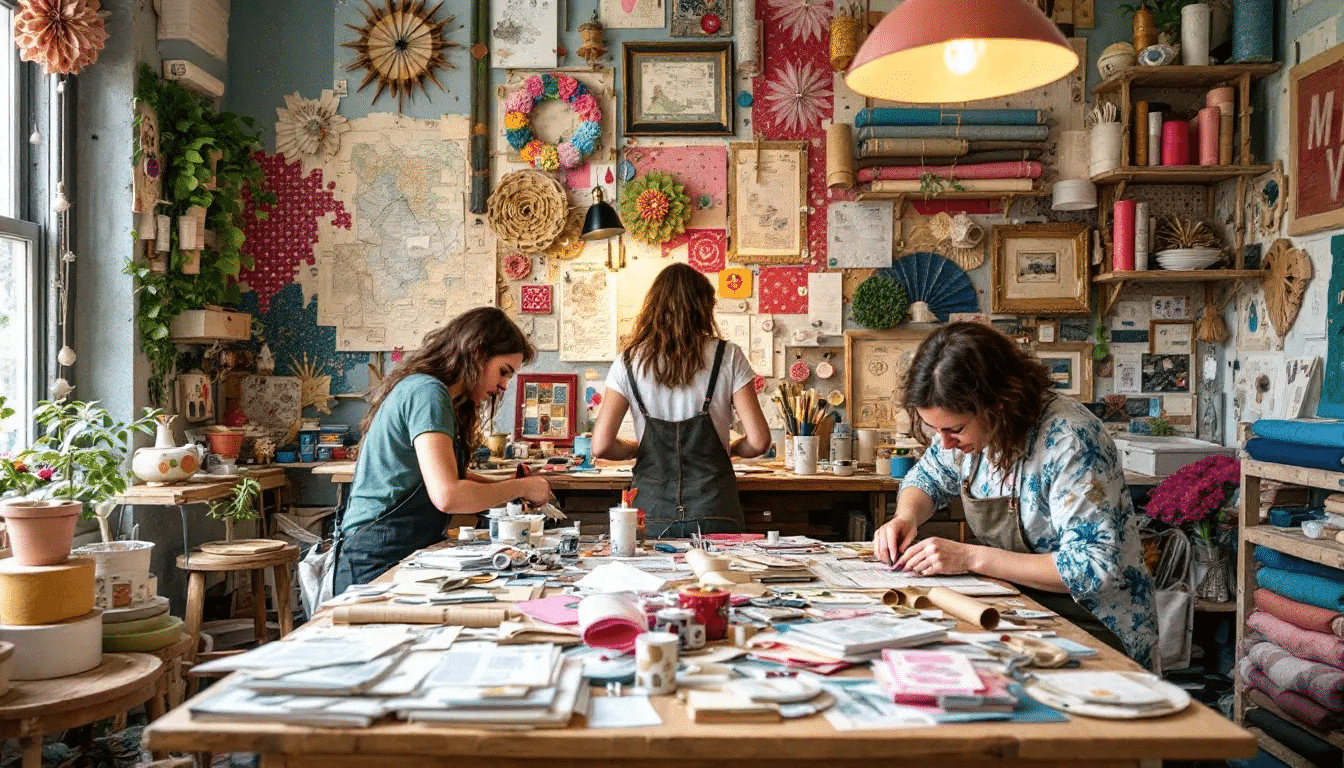 The image showcases a variety of colorful paper crafts made from upcycled materials, including paper flowers, gift tags, and unique wall art, all highlighting the creativity and individuality that eco-friendly crafting can offer. These handmade items exemplify how upcycled materials can be transformed into beautiful, sustainable crafts that appeal to small business owners looking to sell DIY crafts online.