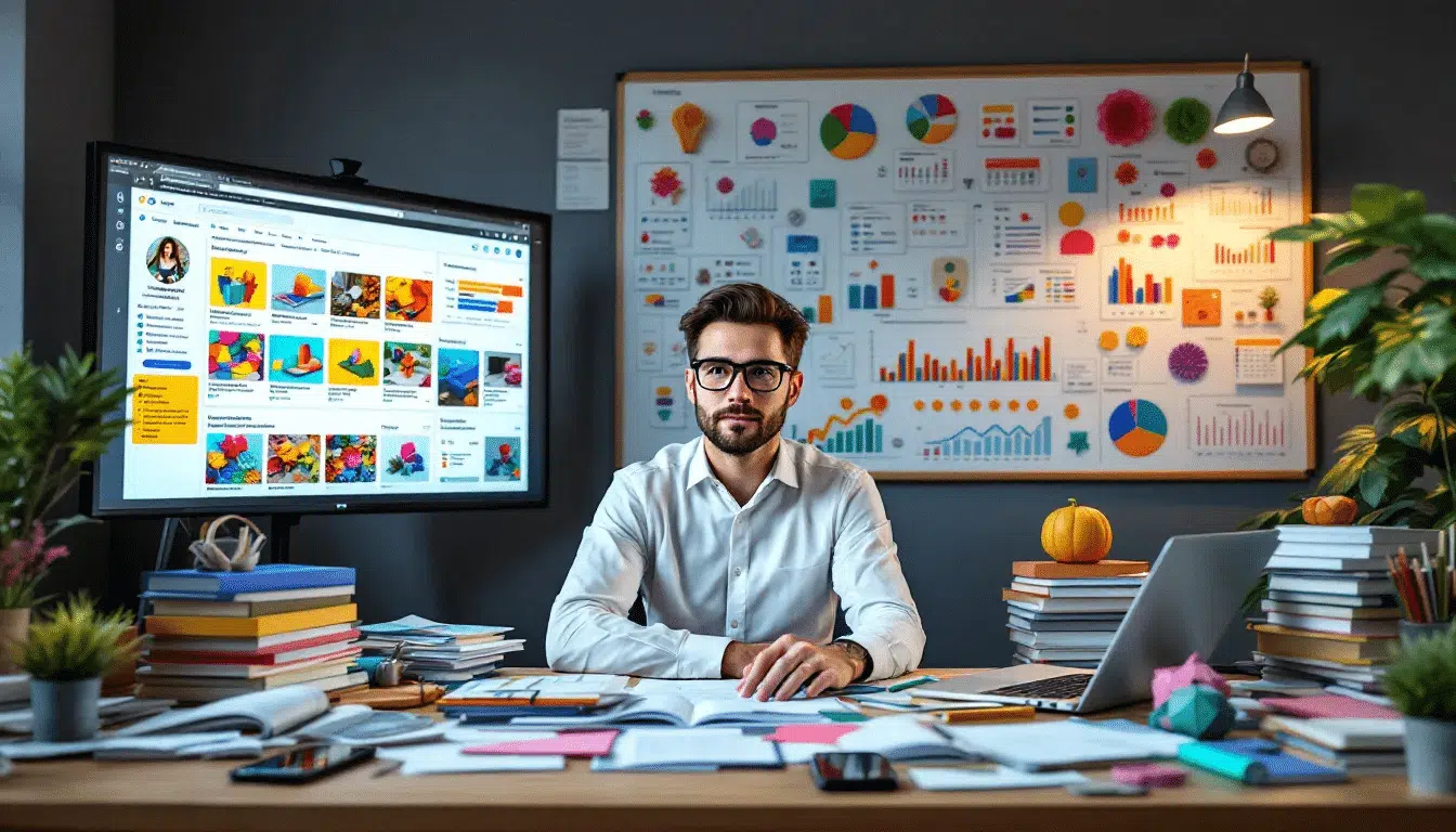 An ultrarealistic image depicting market research for paper crafts showcasing various paper materials and craft supplies laid out on a table The scene emphasizes the importance of understanding consumer trends and the demand for popular DIY crafts such as paper flowers and holiday ornaments to help small business owners effectively sell their handmade items online