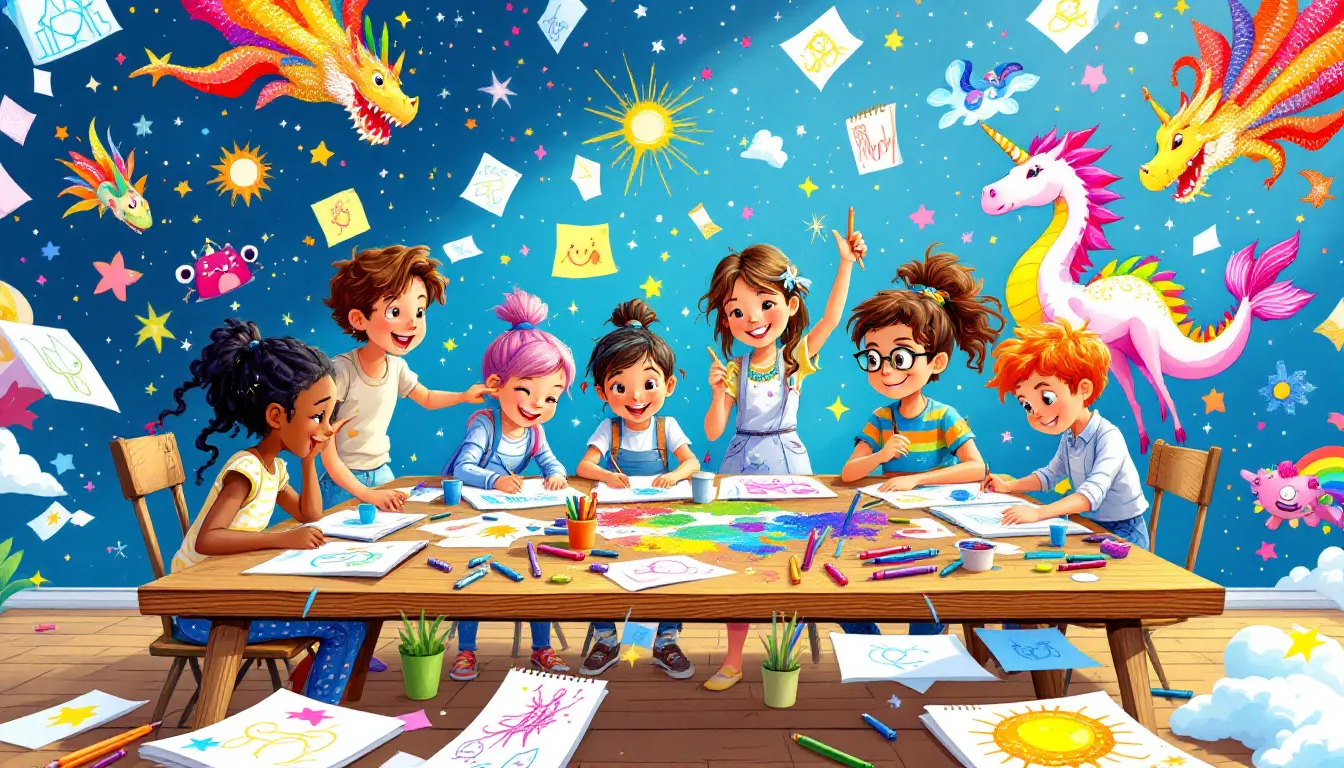 F0885f56e6d943549c69da6ed3d581cb simply paper crafts A group of kids engaged in drawing challenges showcasing their creative drawings