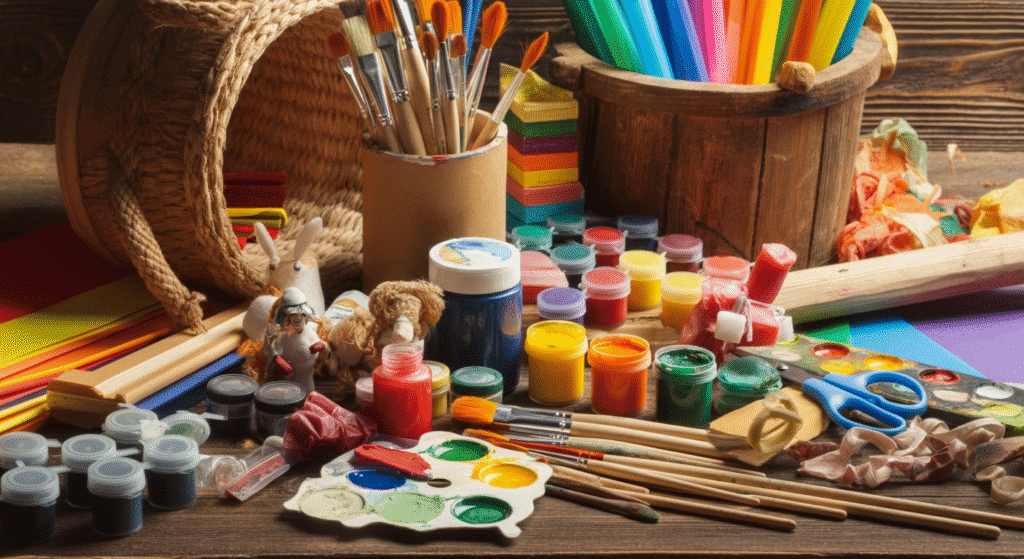Crafting made simple simply paper crafts An engaging image showcasing a variety of colorful arts and crafts materials including paints brushes and DIY project supplies perfect for inspiring kids and adults to explore their creativity The scene highlights a fun and imaginative atmosphere inviting viewers to invest time in making their own masterpieces at home