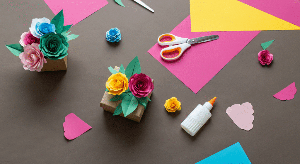 Fun crafts for beginners simply paper crafts A vibrant image of colorful paper flowers crafted from various shades of paper arranged beautifully on a grey table The flowers showcasing creativity and imagination are perfect for beginners exploring fun crafts and can be used to brighten up a room or as unique gift toppers