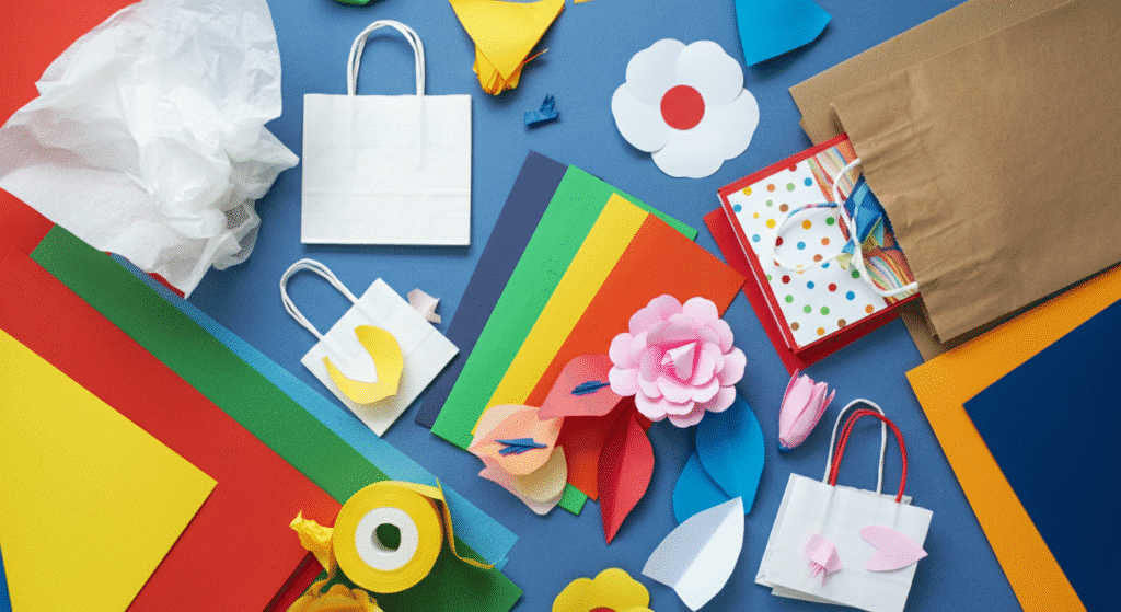 Getting into paper crafting simply paper crafts Colorful craft supplies including paper sheets bags flowers and tissue Perfect for DIY projects