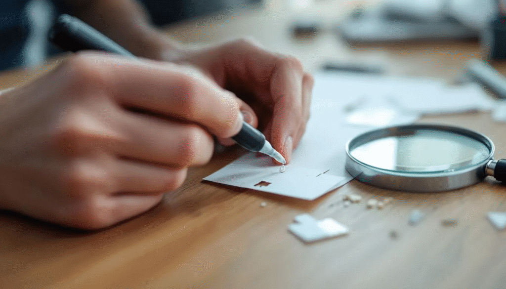 In this close-up image, hands are skillfully applying precision glue to small parts of a paper model using a fine-tip applicator, showcasing the careful attention needed for intricate paper crafts. The focus on the fine details highlights the importance of choosing the right glue, such as tacky PVA glue or craft glue, for creating strong bonds in paper modeling projects.