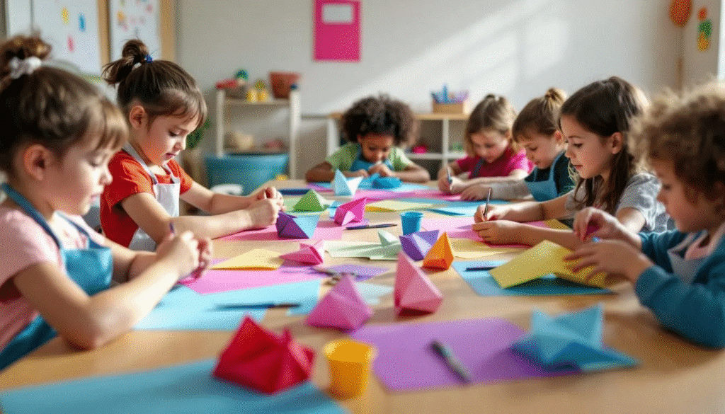 A group of children are happily folding colorful construction paper at a table, creating various origami shapes such as easy origami flowers and frogs. The scene showcases their creativity as they follow clear instructions and share ideas for their origami creations, surrounded by different materials like printer paper and tissue paper.