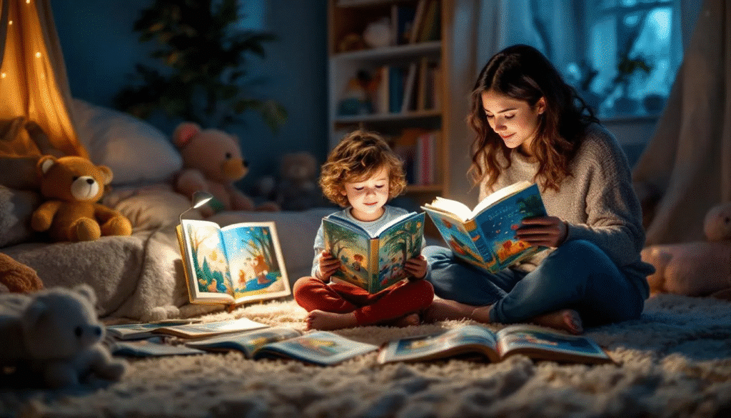 A cozy scene depicts a young girl snuggled up in bed, surrounded by colorful children's story books, including classics like Huckleberry Finn. The room is softly lit, creating a warm atmosphere as she embarks on imaginative adventures filled with friendship, nature, and valuable life lessons.