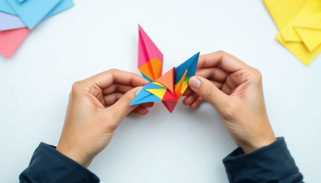 In the image, hands are skillfully folding colorful construction paper into an origami crane, showcasing the art of origami. The vibrant sheets of paper are being manipulated into a perfect square shape, demonstrating the joy of crafting and creating intricate origami models.