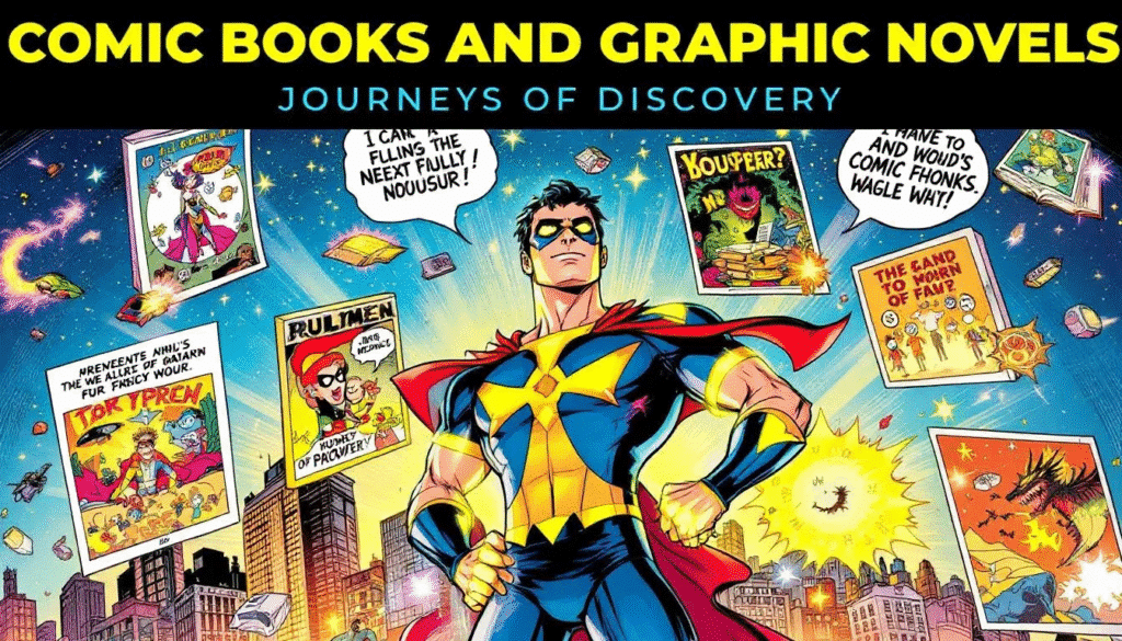 In the image, a young girl sits comfortably in a cozy reading nook, surrounded by colorful comic books and graphic novels, each filled with fun stories and adventures. The vibrant illustrations depict characters engaged in magical quests and humorous escapades, inviting readers of all ages to explore new worlds and discover the joy of storytelling.