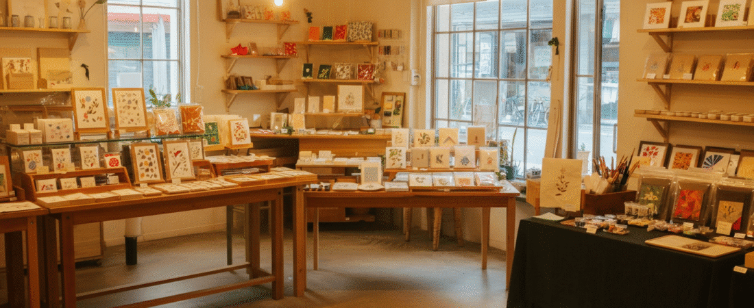 Daylight image paper crafts shop simply paper crafts Photograph of a warm inviting artisanal shop interior showcasing a diverse collection of handcrafted paper goods prints and small art items on wooden displays